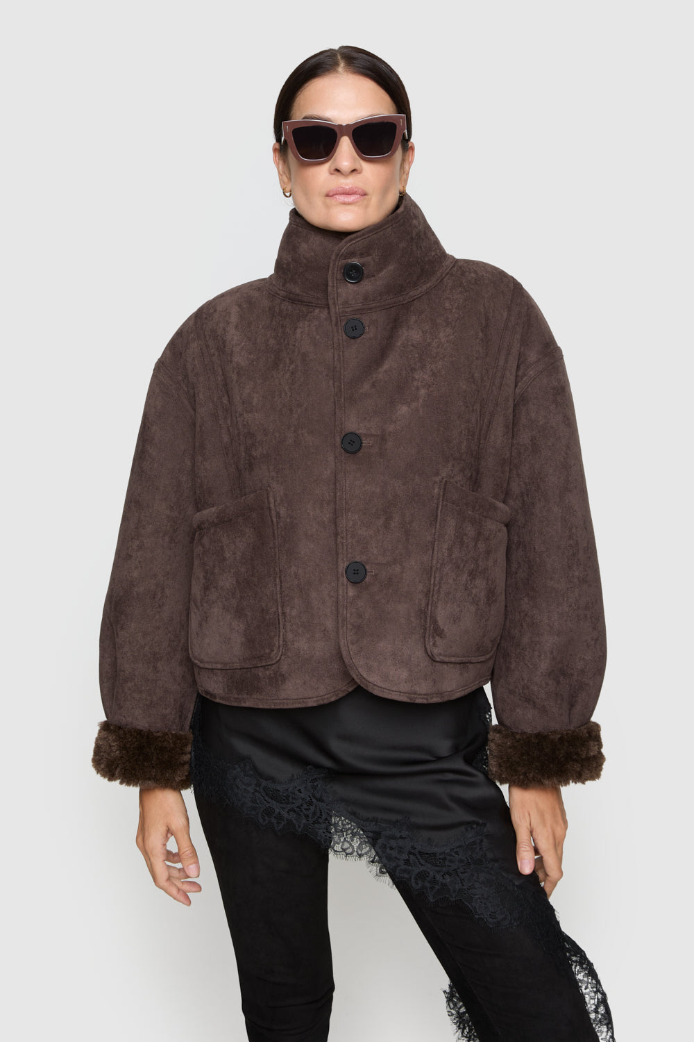 Faux Suede Shearling Stand Collar Jacket - Jackets & Outerwear