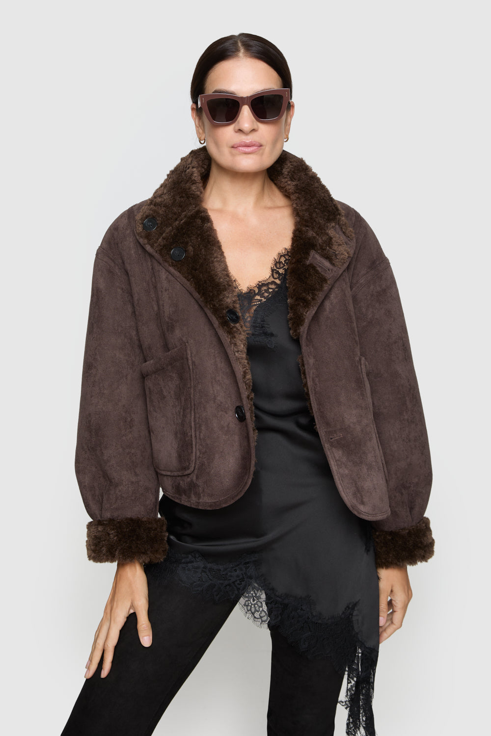 Faux Suede Shearling Stand Collar Jacket - Jackets & Outerwear