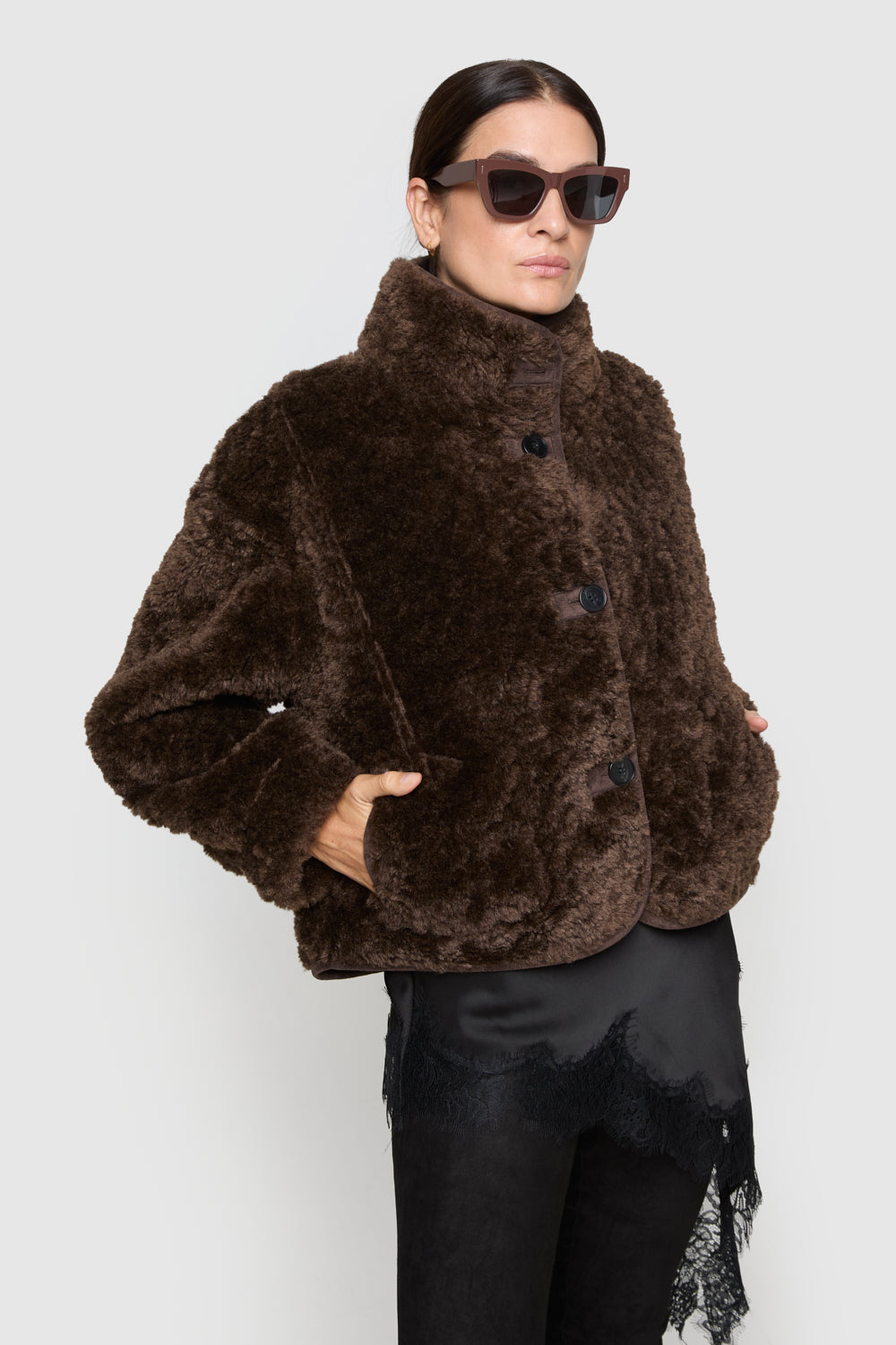 Faux Suede Shearling Stand Collar Jacket - Jackets & Outerwear