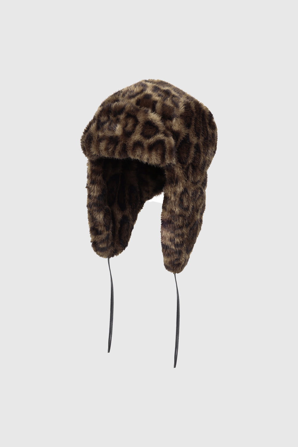 Faux Fur Trapper Hat with Polyurethane Ties Leopard - Hats & Beanies