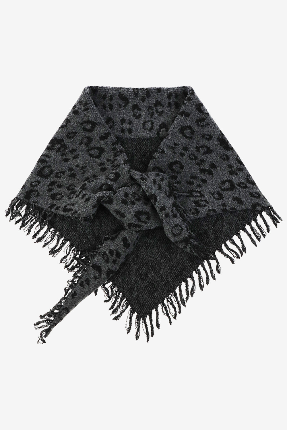 Jacquard Knit Leopard Triangle Scarf with Fringe - Scarves & Shawls
