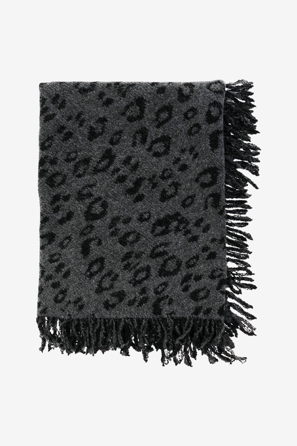 Jacquard Knit Leopard Triangle Scarf with Fringe - Scarves & Shawls