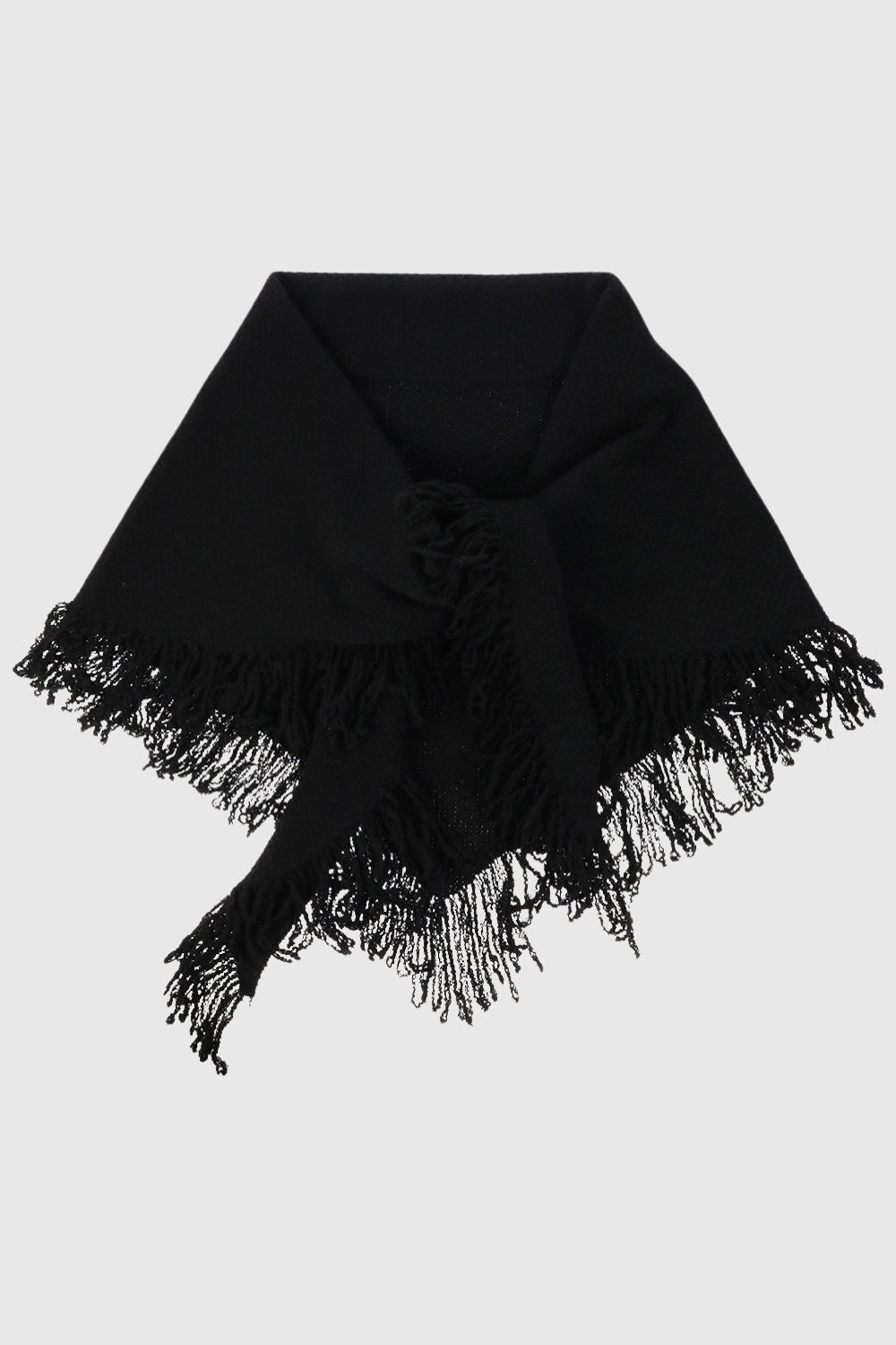 Knitted Triangle Scarf Wrap with Fringe - Scarves & Shawls - Black